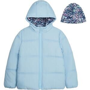 LONDON FOG Girls' Heavyweight Quilted Puffer Jacket w/ Fleece Beanie Medium 5/6